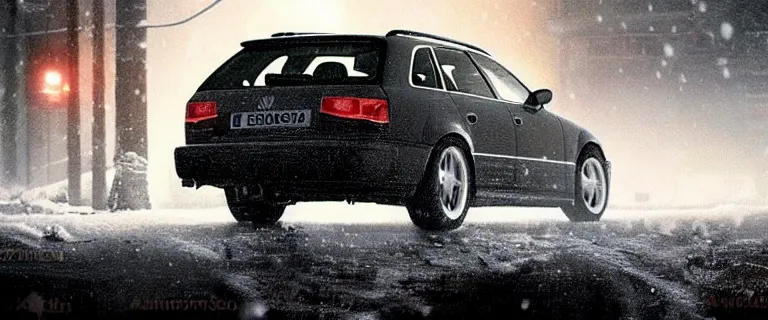 Image similar to Audi A4 B6 Avant (2002), a gritty neo-noir, dramatic lighting, cinematic, eerie person silhouette, death, homicide, homicide in the snow, gunshots, establishing shot, extremely high detail, photorealistic, cinematic lighting, artstation, by simon stalenhag, Max Payne (PC) (2001) winter new york at night, In the style of Max Payne 2 graphic novel, flashing lights, Poets of the Fall - Late Goodbye