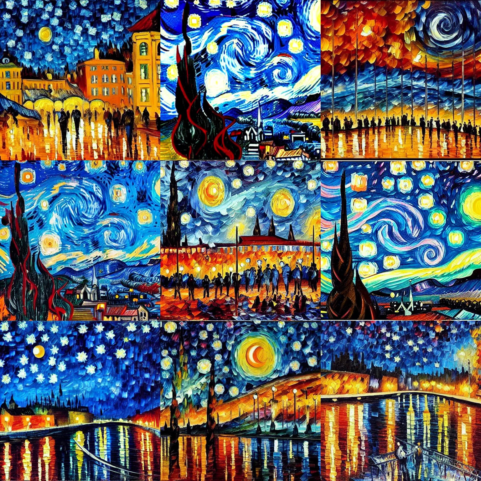 Prompt: leonid afremov night sky in background, van gogh orchestra in foreground