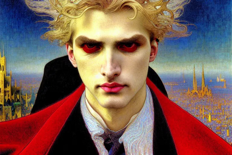 Prompt: realistic extremely detailed closeup portrait painting of an elegant blond male vampire in a cape, detailed crowded city street on background by Jean Delville, Amano, Yves Tanguy, Ilya Repin, Alphonse Mucha, William Holman Hunt, Ernst Haeckel, Edward Robert Hughes, Roger Dean, rich moody colours