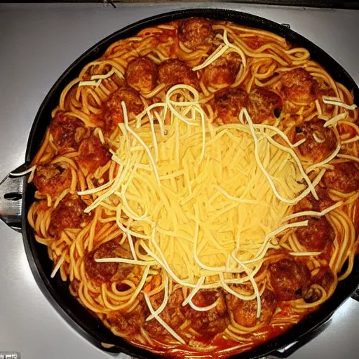 Prompt: On top of spaghetti, All covered with cheese, I lost my poor meatball, When somebody sneezed, It rolled off the table, And onto the floor, And then my poor meatball, Rolled out of the door