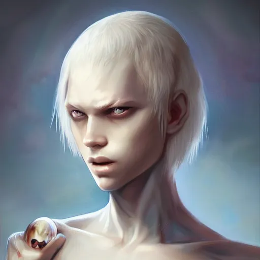 Image similar to beautiful aesthetic portrait commission of an albino male furry anthro looking in the mirror, detailed face , hyperdetailed, dark atmosphere. Character design by charlie bowater, ross tran, artgerm, and makoto shinkai, detailed, inked, western comic book art, 2022 award winning painting