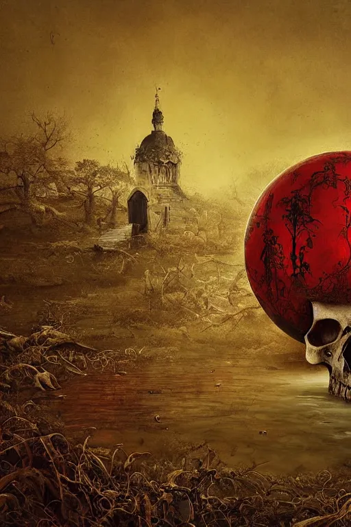 Image similar to immaculate painting of A Beautiful fine detailed gold and red and black dome made of huge skull in the swamp iIlusion by erik johansson micro detailing