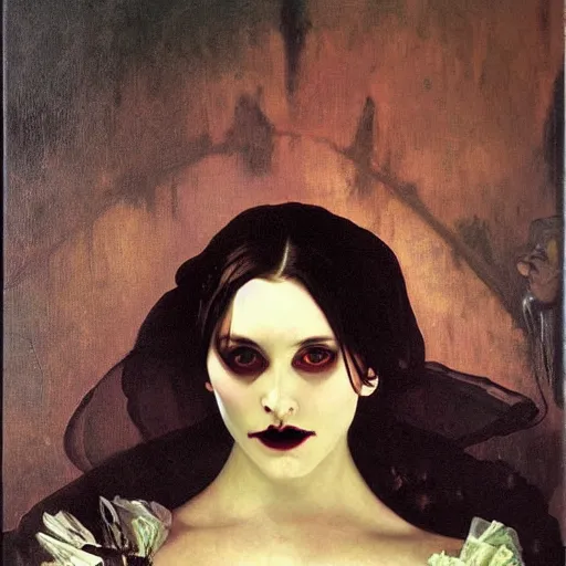 Image similar to A beautiful painting of a lady vampire, victorian, dracula, ominous, oil on canvas, photorealism, alphonse mucha, caravaggio, high definition, soft light