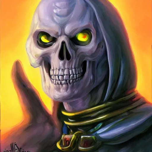 Image similar to portrait painting of skeletor, dnd beyond avatar portraits, beautiful, artistic, elegant, lens flare, magical, nature, realism, stylized, art by jeff easley and genndy tartakovsky