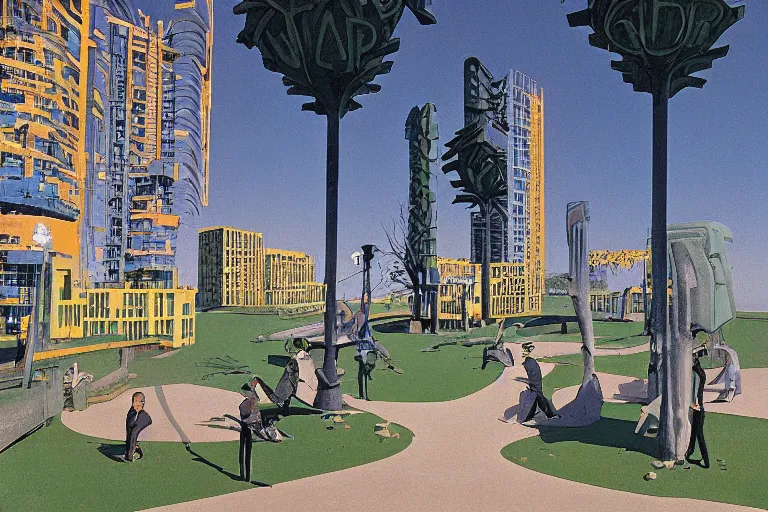 Image similar to city park surrounded by a tall defense wall. art in cyberpunk style by dali, and vincent di fate