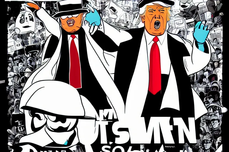 Image similar to 2 d poster illlustration donald trump and donald trump wearing trenchcoats and black spy hats for the movie spy vs spy