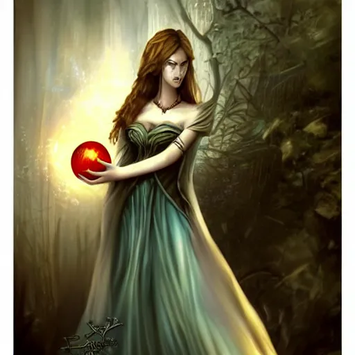 Image similar to a woman in a long dress holding a ball in her hand, concept art by anne stokes, featured on cgsociety, fantasy art, wiccan, dark and mysterious, mystical