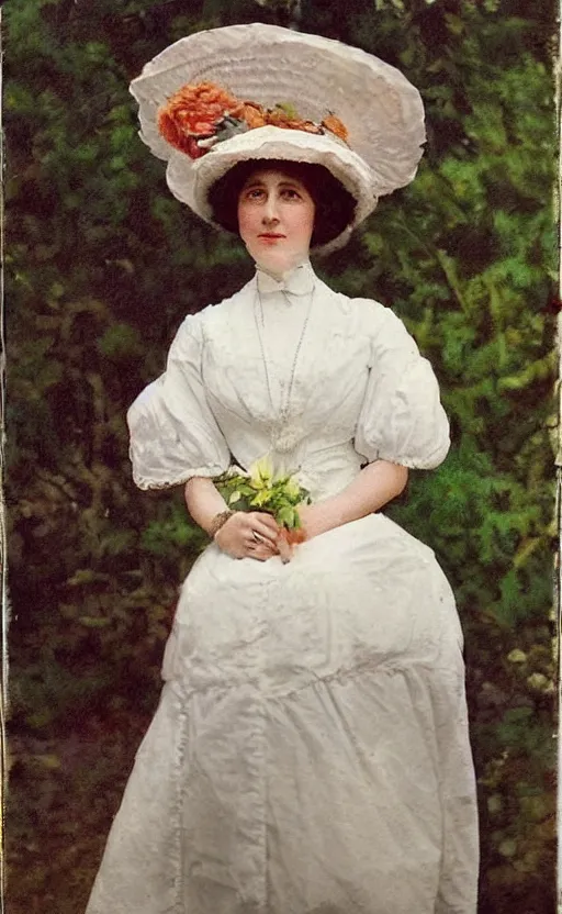 Prompt: portrait! of a lovely lady! wearing a big hat! edwardian haircut! 1 9 0 0 s! edwardian dress! flowers behind her!