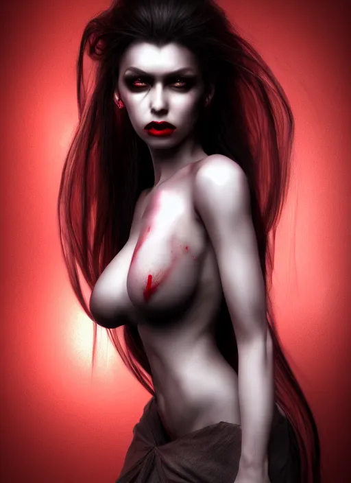 Image similar to beautiful full body portrait vampire queen blood highly detailed CGsociety subtle concept art HDR hyper realistic volumetric lighting subsurface scattering unreal