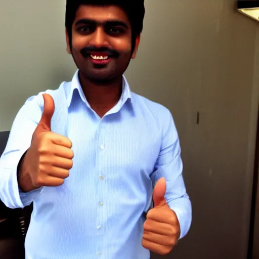 Image similar to a photo taken with an android camera of an indian guy with an awkward smile giving a thumbs up