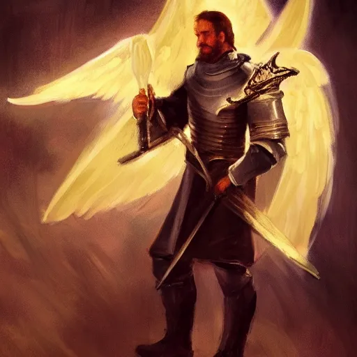 Prompt: a knight in a hall with an angel wing holding a sword of fire, digital oil painting, style of John singer Sargent, heroic, cinematic, indoor, warm lighting, godrays, concept art, highly detailed, trending on art station