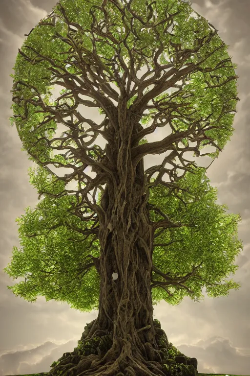 Image similar to soul tree of the earth, perfect symmetry, left side chaos, right side serenity, circular base surrounding grand tree, cinematic, intricate detail, small details, extra detail, high resolution, 3 d, volumetric lighting, octane render, 8 k, ultradetailed, photorealistic