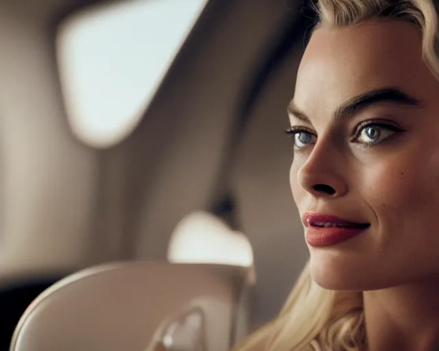 Image similar to a photo of margot robbie sitting on a flying plane, hyper realistic face, beautiful eyes, cinematic, long shot, hyper detailed, 8 5 mm photograph, 8 k resolution, film still, sharp lens, wide lens