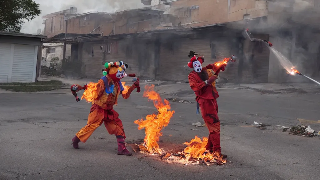 Prompt: photo of a clown using a flamethrower next to a dumpster fire. Daylight. award-winning, highly-detailed, 8K