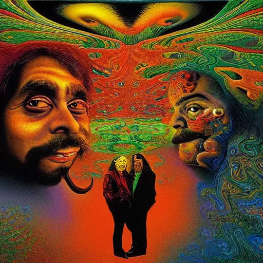 Image similar to color masterpiece surreal closeup portrait photography of cheech and chong by michael cheval, surreal epic psychedelic smoke complex biomorphic 3 d fractal landscape in background by kilian eng and roger dean and salvador dali and beksinski, 4 k,