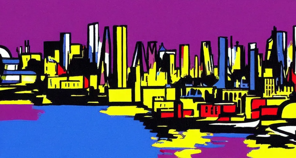 Image similar to color sketch of the london skyline, highly detailed, dramatic lighting, intense shadows, rich deep colours, by roy lichtenstein