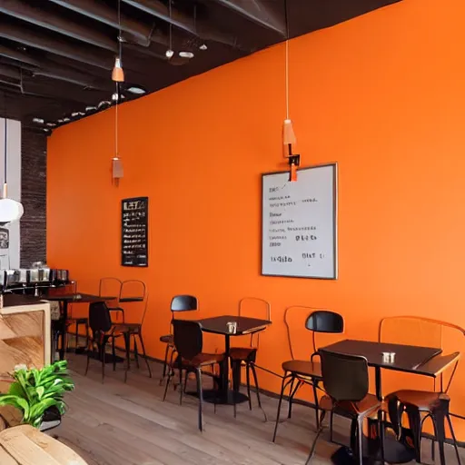 Image similar to a modern coffee shop interior, with orange walls, the entire coffee shop is designed after foxes, realistic photo