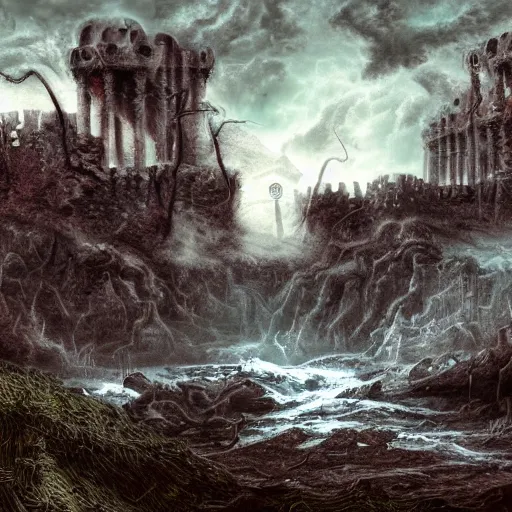 landscape in hell, river styx, ruins, fortresses, | Stable Diffusion ...