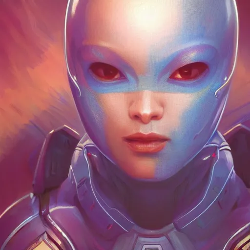 Image similar to portrait of a blue alien wearing a tight and smooth space suit, intimidating, intricate, headshot, highly detailed, digital painting, artstation, concept art, sharp focus, cinematic lighting, illustration, art by artgerm and greg rutkowski, alphonse mucha, cgsociety