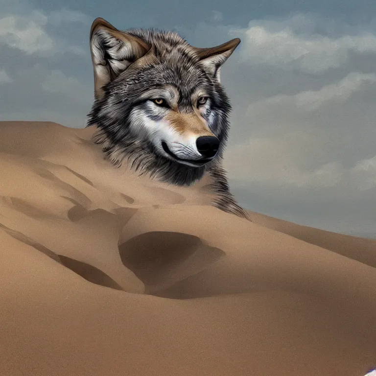 Prompt: Majestic wolf in a sand dune on the heath. Rough brushstrokes. Beautiful detailed scene. Interesting natural colour scheme. Beautiful digital painting by Lurid (2022)