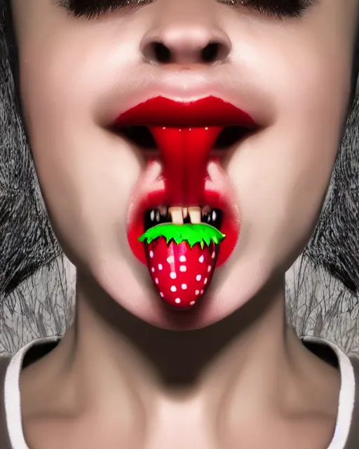 Image similar to hyperrealistic anthropomorphic cartoon 3 d unreal engine red and white polka dot venus fly trap luscious lips, big wet tongue photography portrait