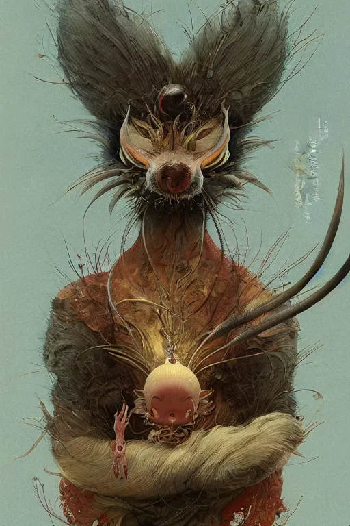 Image similar to a portrait of a japanese strange animal illustrated by miyazaki by karol bak, james jean, tom bagshaw, rococo, sharp focus, trending on artstation, cinematic lighting, hyper realism, octane render, 8 k, hyper detailed, vivid, ultra detailed, highly detailed