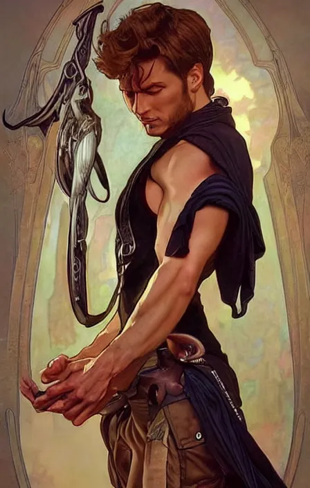 Image similar to pretty muscular sam and dean winchester as a character in romance book art design, character concept, sharp focus!, ultra detailed, art by artgerm alphonse mucha, wlop