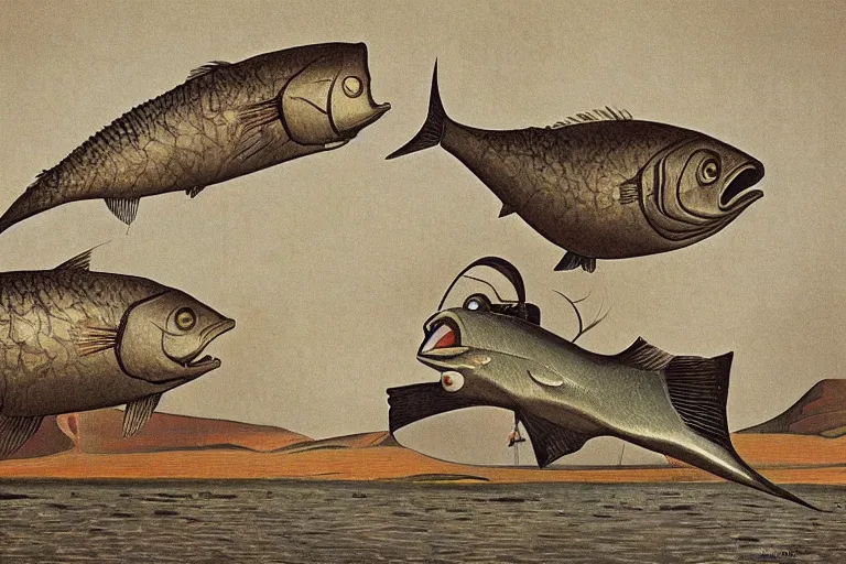 Prompt: I have turned into a fish!, by Grant Wood, Brian Despain, surrealism, figurativism, Giorgio de Chirico, brutalism, artstation