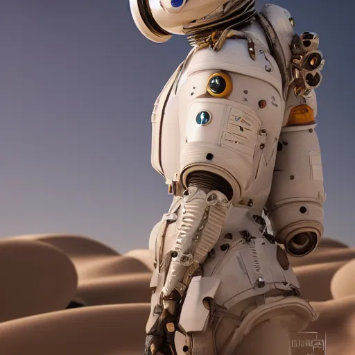 Image similar to portrait photography of a white steampunk space engineer suit, in an desert alien planet, ultra detail, beautiful light, high detail, 8 k, f / 2. 8, octane render