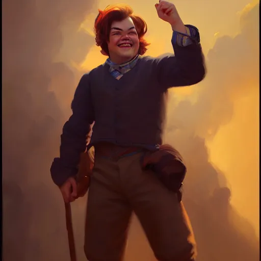 Image similar to portrait painting of a jack black age 2 5, bright and energetic, with a sweet smile and coiffed hair, render cinematic lighting art 1 9 2 0 period drama by bussiere rutkowski andreas rocha