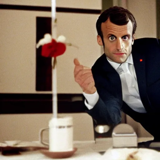 Prompt: Emmanuel Macron doing his morning routine in American Psycho (1999)