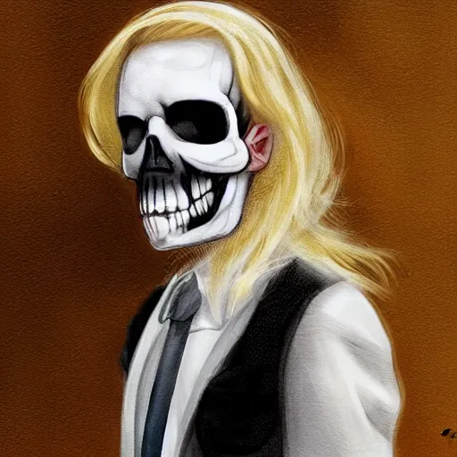 Prompt: frontal portrait of a suited blond with medical gloves and a skull face mask, by Kim Kyoung Hwan