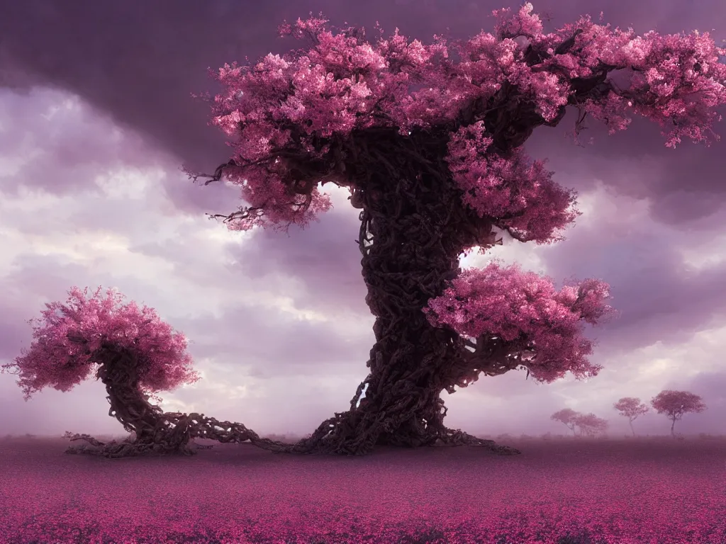 Prompt: a Photorealistic complex hyper detailed hyper realistic rendering of a gigantic eerie knotted tree full of beautiful blossoming pink Sakura flowers in a desert valley with flowers scattered all over the ground at dusk,dark stormy clouds by Craig Mullins,Greg Rutkowski,Beautiful dynamic dramatic dark moody lighting,shadows,volumetric,Cinematic Atmosphere,high surface and silhouette details,Octane Render,8k