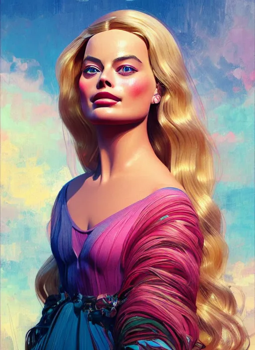 Image similar to margot robbie as a barbie doll, path traced, highly detailed, high quality, digital painting, alena aenami, lilia alvarado, shinji aramaki, karol bak, alphonse mucha, tom bagshaw