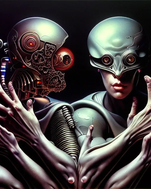 Prompt: twins, ultra realistic, cinematic, cinematic, wide angle, intricate details, cyborg, highly detailed by caravaggio, aaron horkey, boris vallejo, wayne barlowe, craig mullins,
