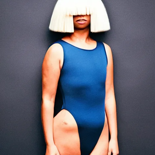 Image similar to sia furler wearing a skin colored leotard full body artistic photoshoot from rear