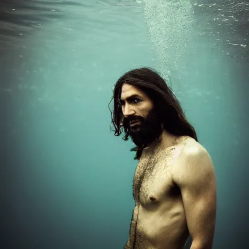 Image similar to portrait photograph of Jesus on cross underwater,super resolution. 85 mm f1.8 lens.bokeh.graflex. Alessio albi