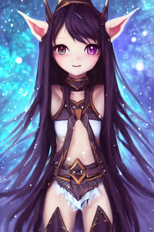 Image similar to adorable young cute anime elf girl, long black hair, fantasy armor. full body shot, symmetrical face. symmetrical detailed defined eyes. beautiful lineart. bokeh pixiv # 1 ranking depth focus, chromatic aberration, noise, soft lighting, srgb, 4 k, cinematic