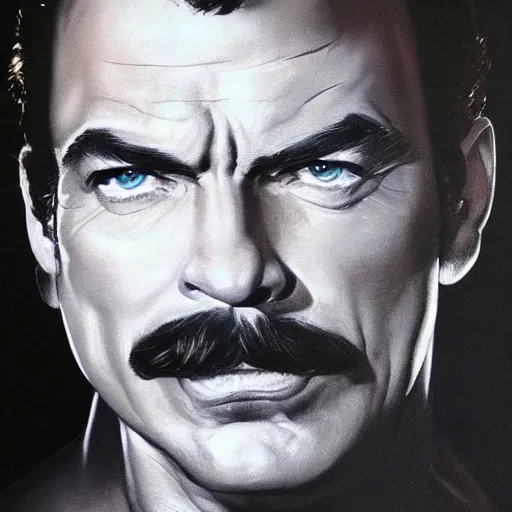 Prompt: ultra realistic portrait painting of tom selleck as the rock, art by frank frazetta, 4 k, ultra realistic, highly detailed, epic lighting