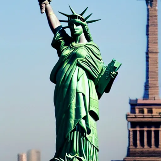 Image similar to megan fox as statue of liberty