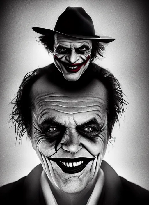 Image similar to photo of Jack Nicholson as the Joker by Eolo Perfido and Lee Jeffries, smile, head shot, detailed, award winning, Sony a7R