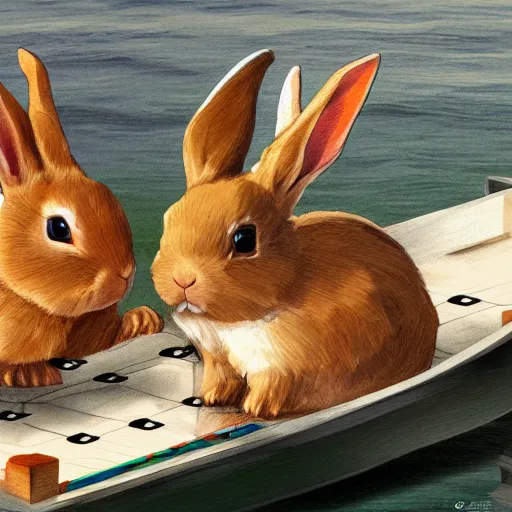 Image similar to concept art of two rabbits playing chess on a rowboat