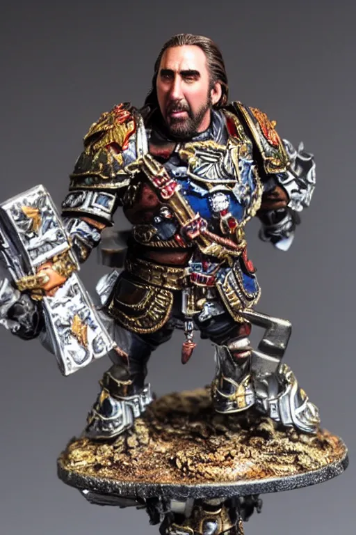 Image similar to Nicholas Cage as a detailed painted Games Workshop miniature, studio lighting