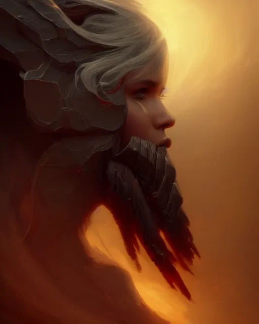 Image similar to fantasy portrait of half head of a dark angel, caramel. rugged, highly detailed, moist foggy, intricate background, complex 3 d render by ilya kuvshinov, peter mohrbacher. unreal engine, blender, octane, ray tracing. sharp focus, masterpiece, post processing, deviantart