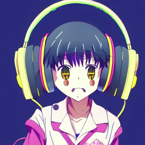 Image similar to An anime character's head wearing retro headphones. 90s anime, Sailor Moon, Neon Genesis, official art, flat cell shading, fantastic screenshot art, trending on artstation, muted nostalgic colors