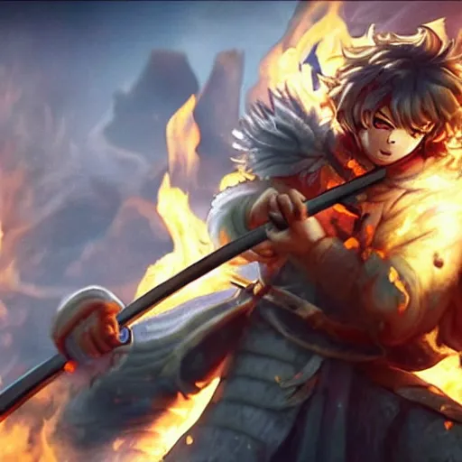 Image similar to god king fluffy in shining armor holding a flaming sword in the middle of a fierce battle