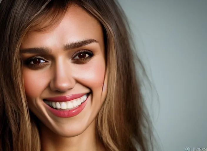 Image similar to a closeup, 4 5 mm, detailed photograph of a woman with a seductive smile half jessica alba half nathalie portman half scarlett johansson, beautiful low light, 4 5 mm, by franz lanting