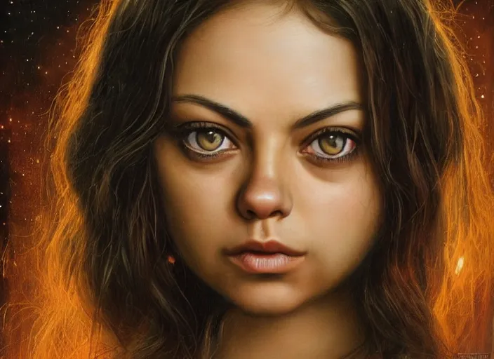 Image similar to big-eyed surprised Mila Kunis staring intensely into the camera, sundown golden hour firefly wisps, Lilia Alvarado, Sophie Anderson, Mark Arian, Bob Byerley, Charlie Bowater, Mark Brooks, Steve Henderson, Justin Gerard, Arthur Hughes, Edward Robert Hughes, Mark Keathley, Victor Nizovtsev, Carlos Shwabe, Ross Tran, WLOP