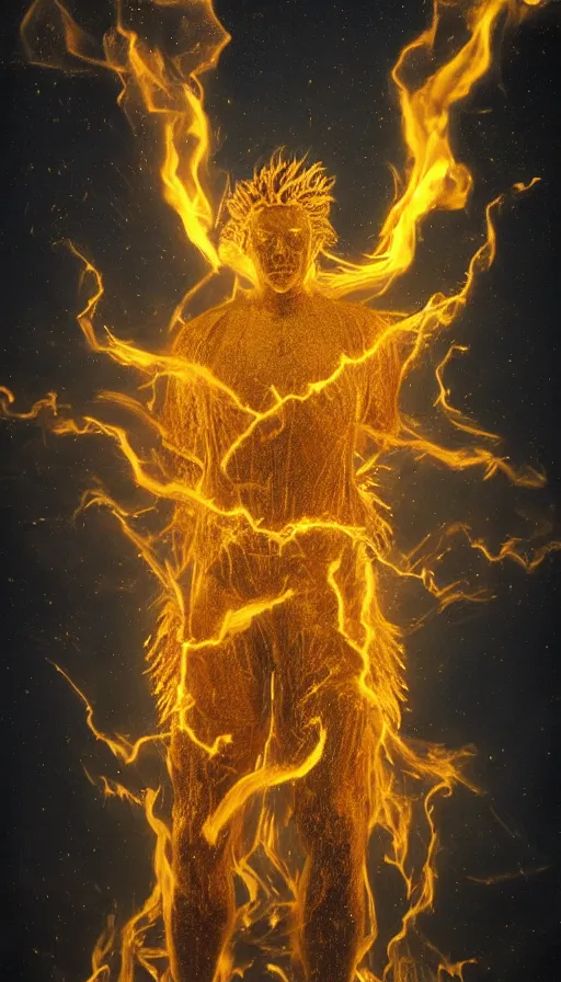 Image similar to a surreal painting of a god made of golden fire, volumetric lighting