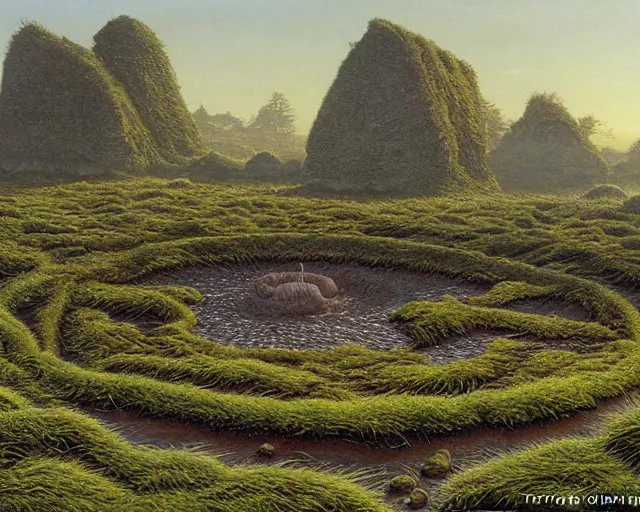 Image similar to a swampy hill landscape with a circle of finger shaped stones, by ted nasmith